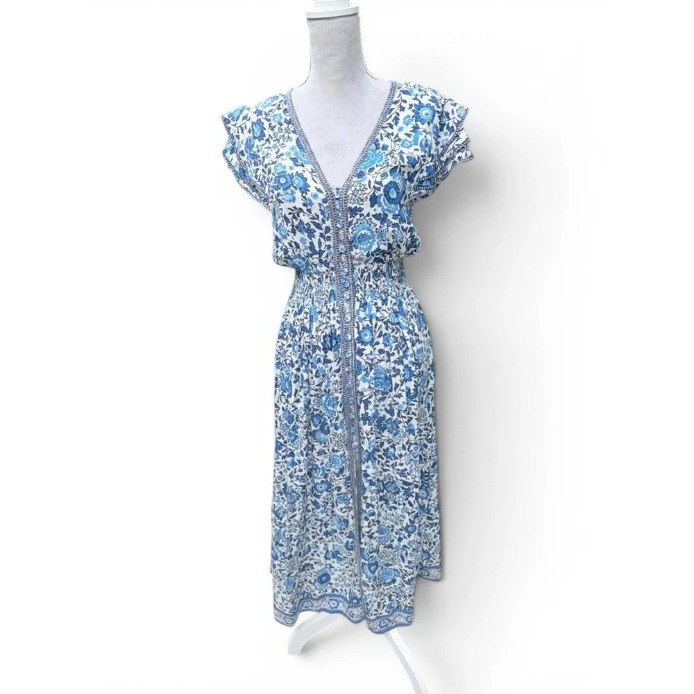 Poupette St Barth Dress Womens S White Blue Boho Chic Floral Coastal Romantic - Picture 2 of 8